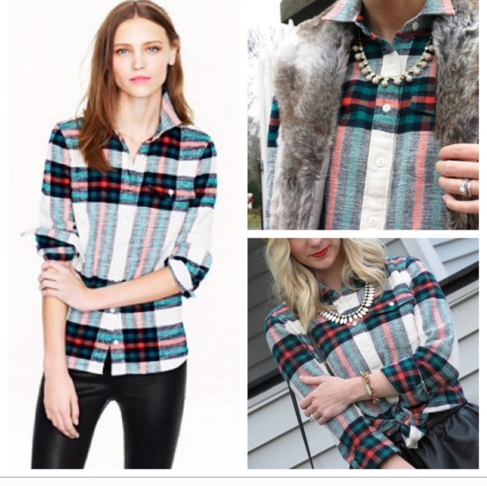 RARE J.Crew Rock Salt Plaid Flannel Shirt Green Holiday Shirt Size 10